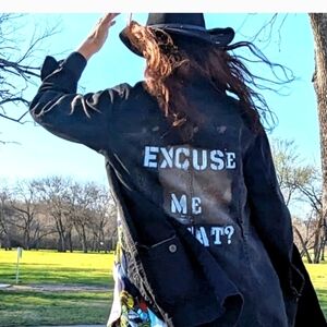 EXCUSE ME, WHAT? Custom Black Denim With Attitude Jacket  Large